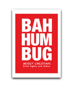 Personalised Bah Humbug Christmas card with custom text—personalised with name & message; Bah Humbug funny Christmas card in bold red