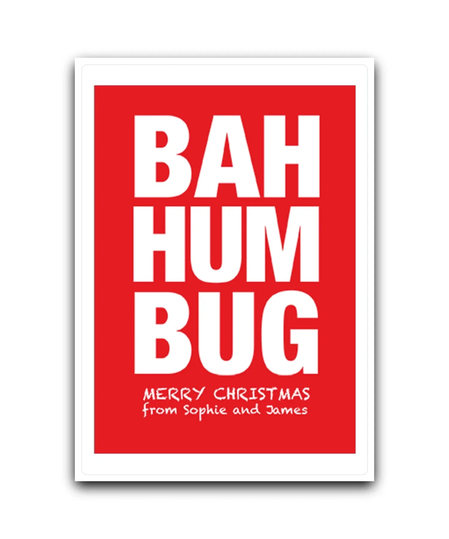 Personalised Bah Humbug Christmas card with custom text—personalised with name & message; Bah Humbug funny Christmas card in bold red