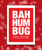 Cheeky personalised Bah Humbug holiday card—add name & greeting; custom printed