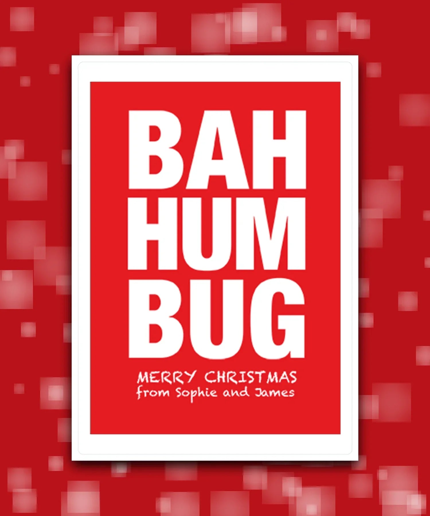 Cheeky personalised Bah Humbug holiday card—add name & greeting; custom printed