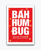 Funny red Bah Humbug Xmas card personalised with names—personalise with names & text; printed card; UK printed