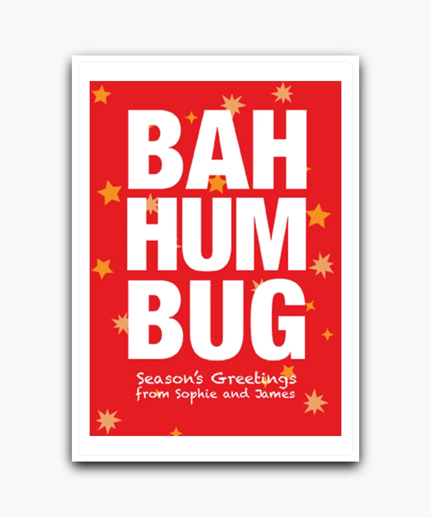 Funny red Bah Humbug Xmas card personalised with names—personalise with names & text; printed card; UK printed