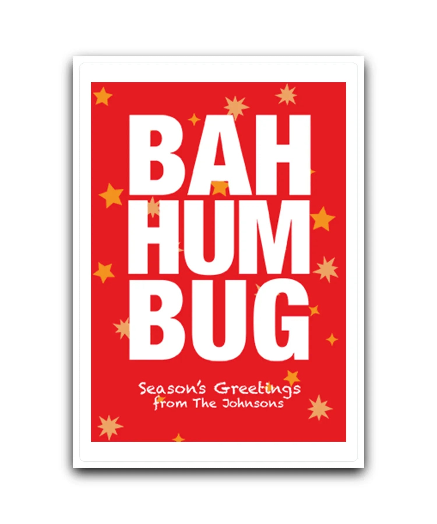 Funny Bah Humbug personalised Christmas card—add name & message; printed Xmas greeting; fast dispatch