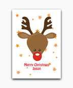 Custom Christmas card (red)—personalise with names & text; Custom Christmas card with Rudolph reindeer design