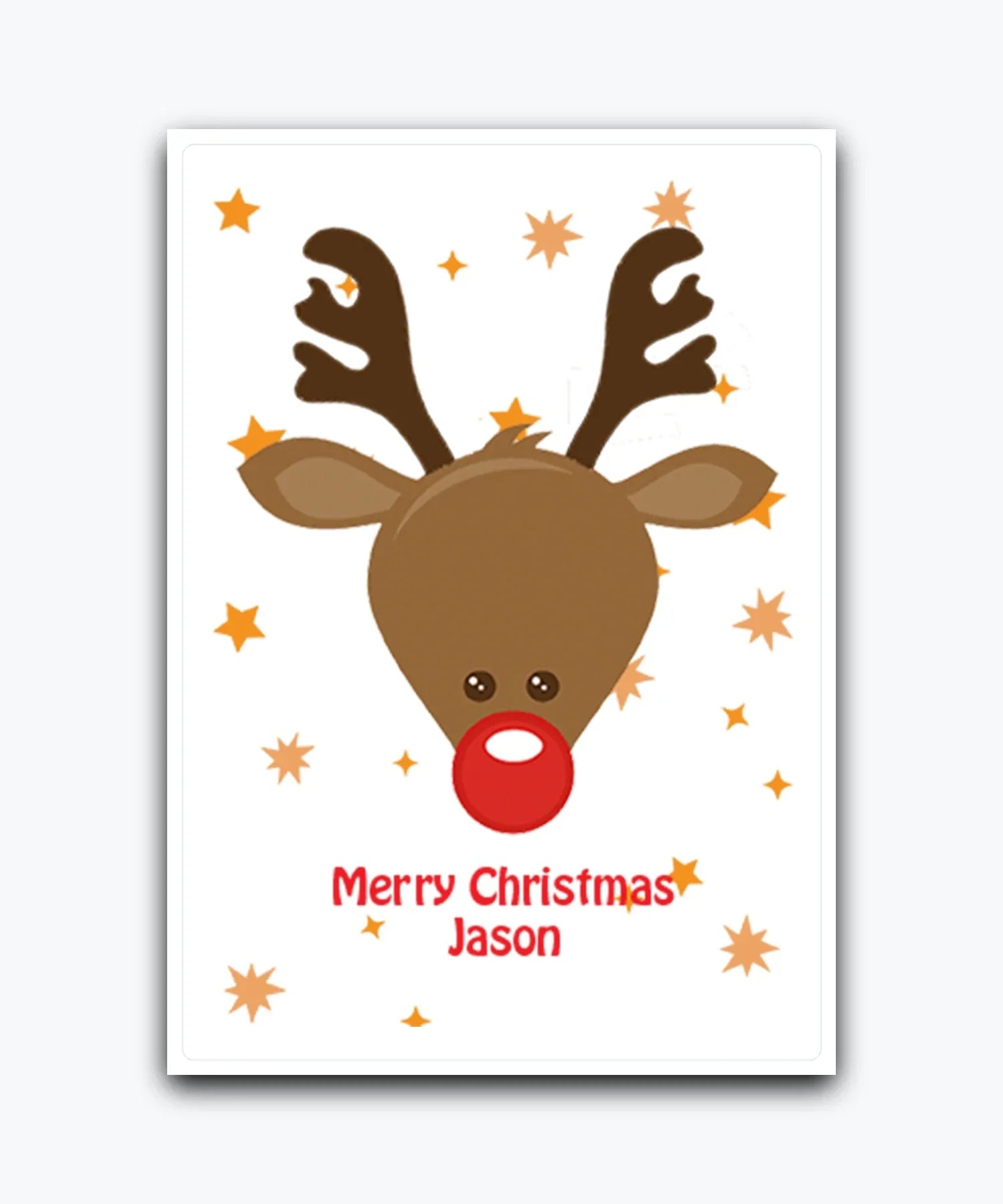 Custom Christmas card (red)—personalise with names & text; Custom Christmas card with Rudolph reindeer design