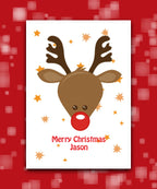 Personalised Xmas card (red)—add‑name Cute festive Christmas card with reindeer
