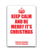 Keep Calm It's Christmas personalised card (red)—add name & message; custom printed Christmas card