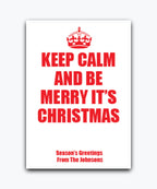 Keep Calm Christmas card (red)—personalised with names & text; printed Xmas greeting