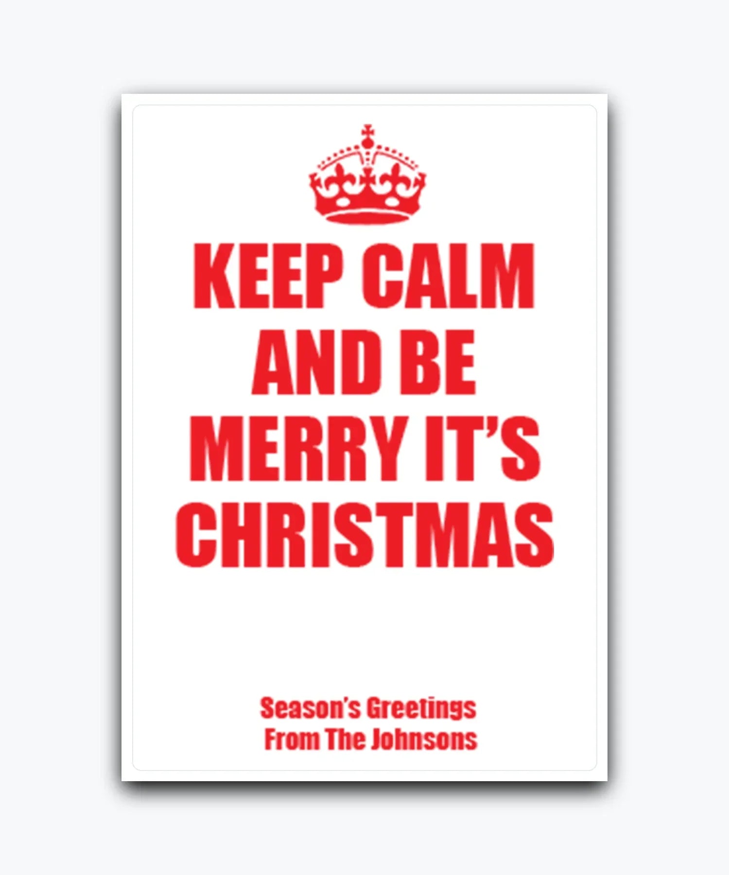 Keep Calm Christmas card (red)—personalised with names & text; printed Xmas greeting