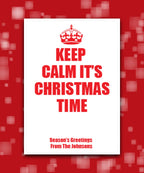 Personalised Keep Calm Christmas card (red)—Modern Christmas card design with personalised message
