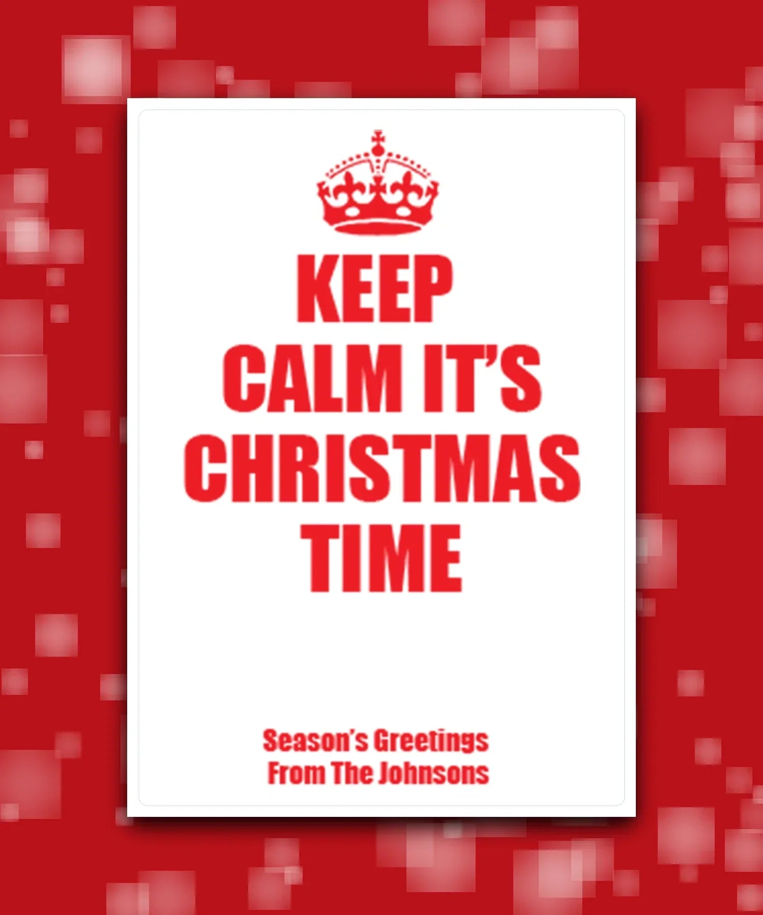 Personalised Keep Calm Christmas card (red)—Modern Christmas card design with personalised message