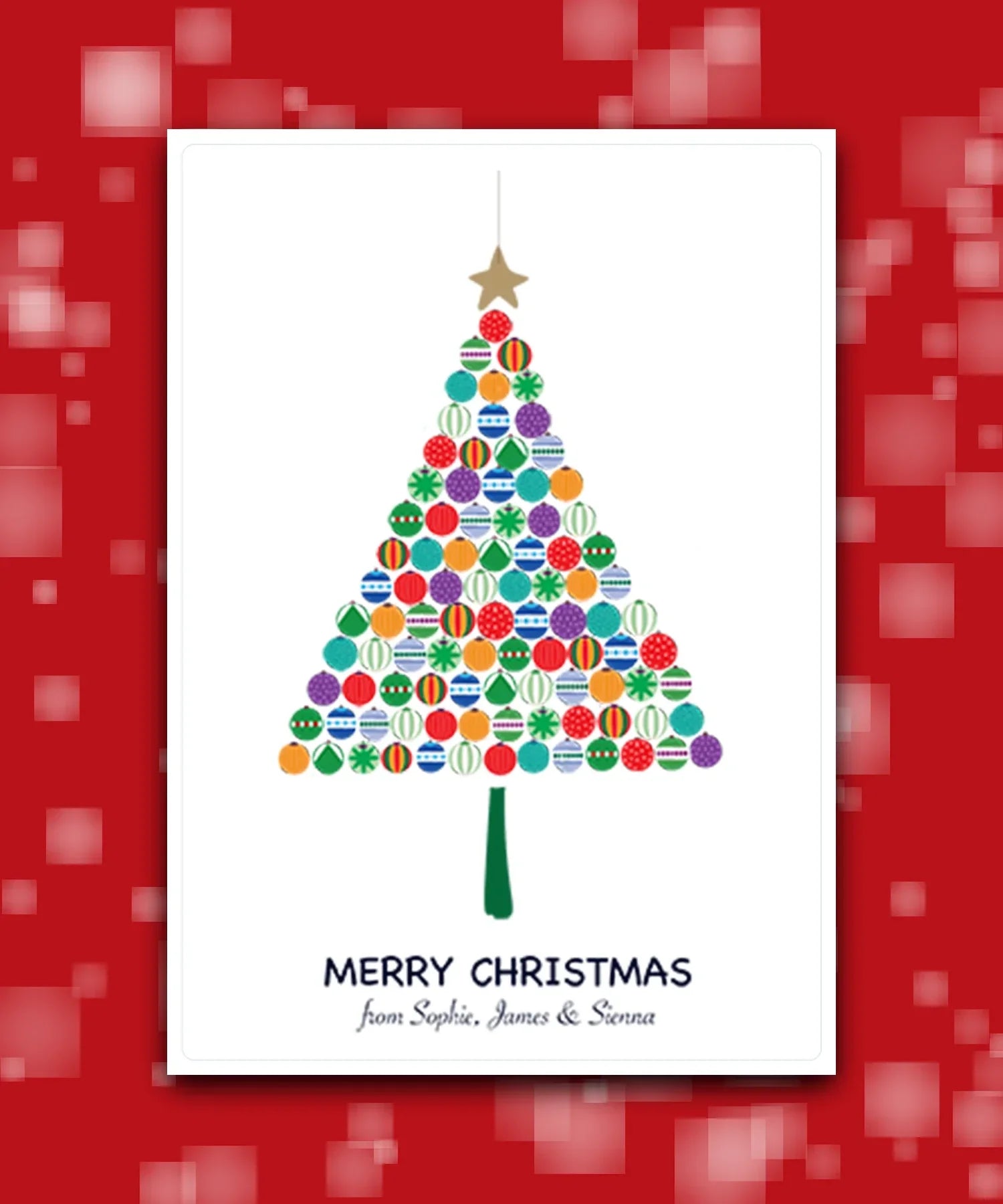 Personalised Christmas tree card—add family name & message; printed card; fast dispatch