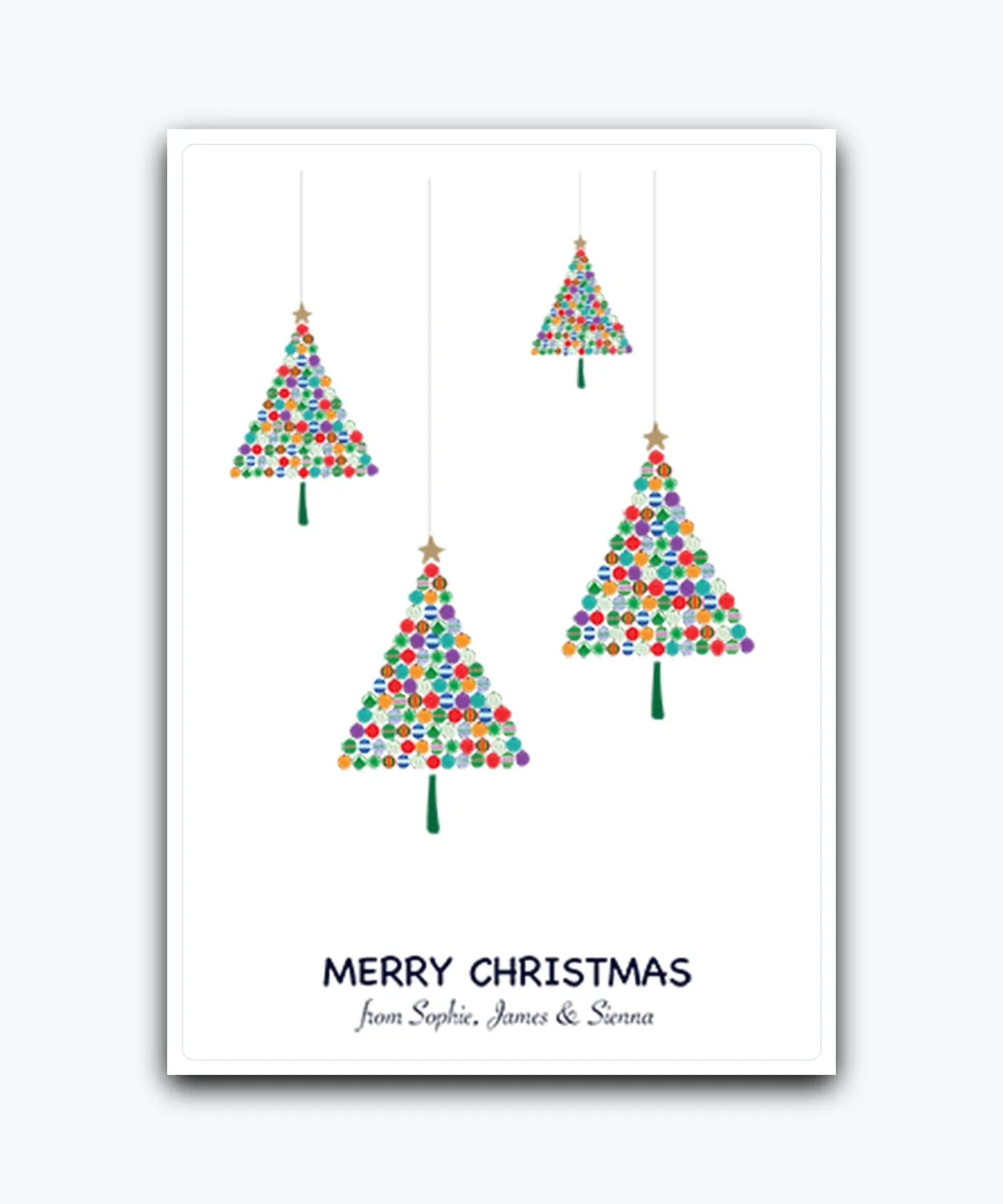 Custom Christmas card—personalise with names & text; CEco-friendly personalised Christmas card with colourful tree design