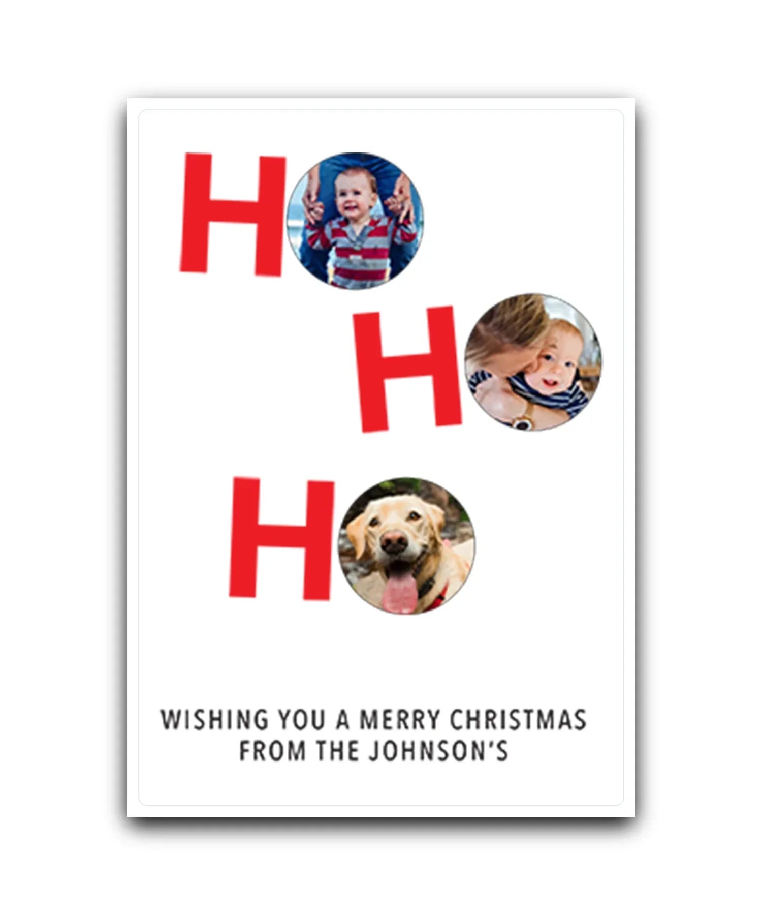Personalised Christmas card with family photo upload in bauble design—personalised with name & message; custom printed; for family & friends