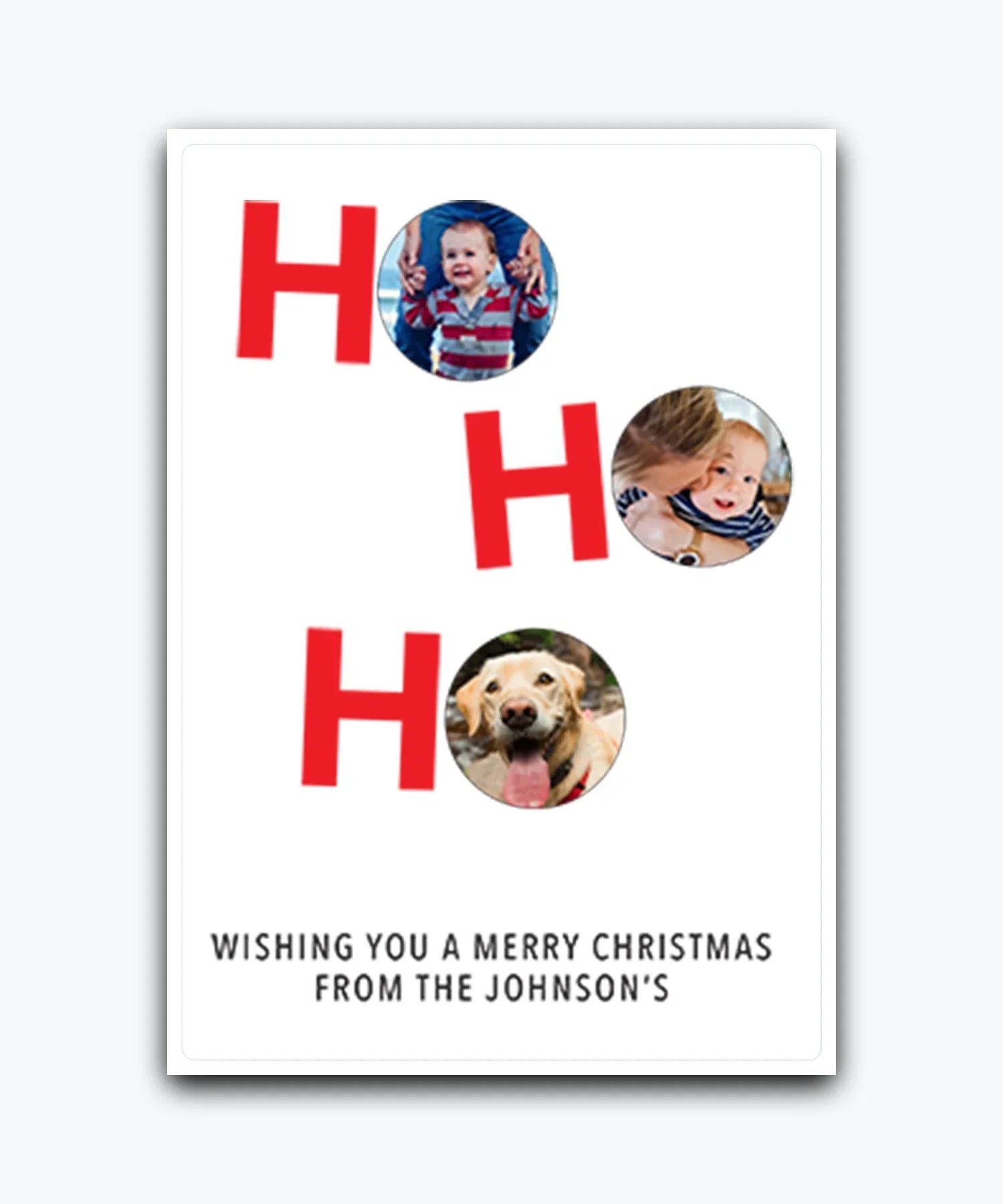 Custom festive card with kids and pet photos on red background; add names & text; printed Xmas card; for family & friends