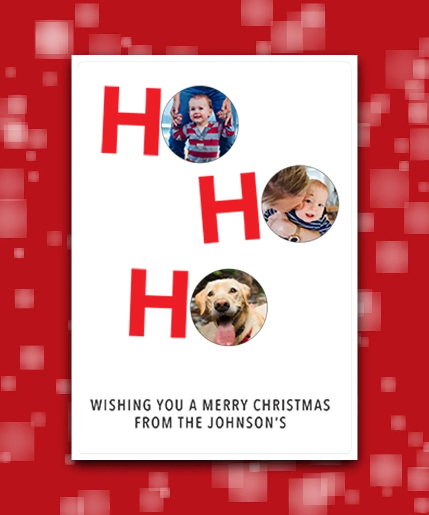 Modern Scandi personalised Christmas card—add name & greeting; Personalised holiday greeting card with family and pet pictures
