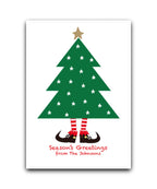 Personalised Christmas card (red)—add name & message; Personalised Bah Humbug Christmas card funny elf legs design