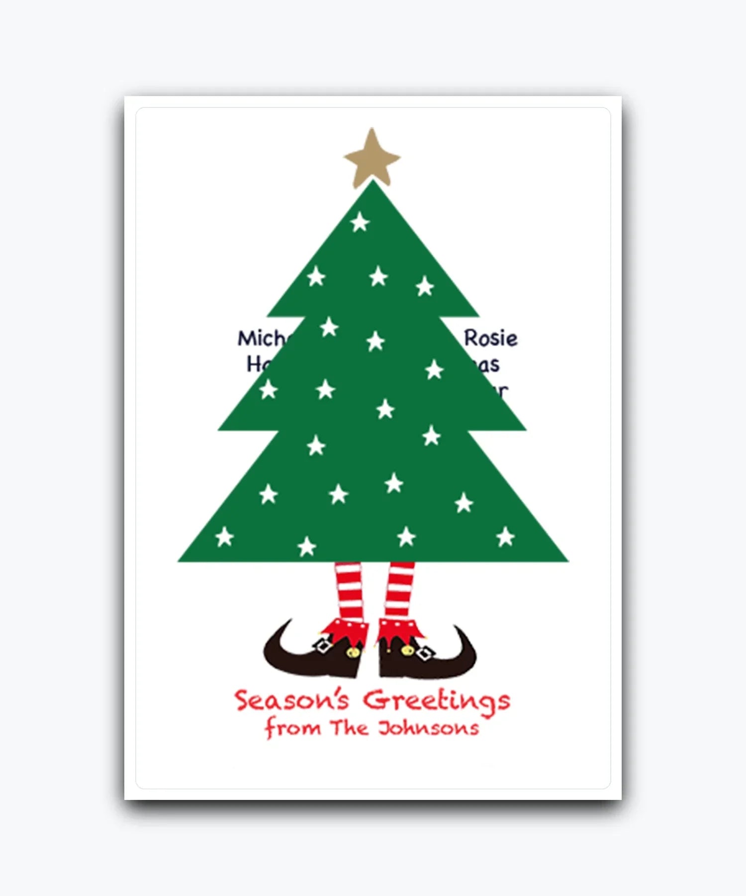 Elegant gold star Christmas card—personalised with names; printed Xmas greeting