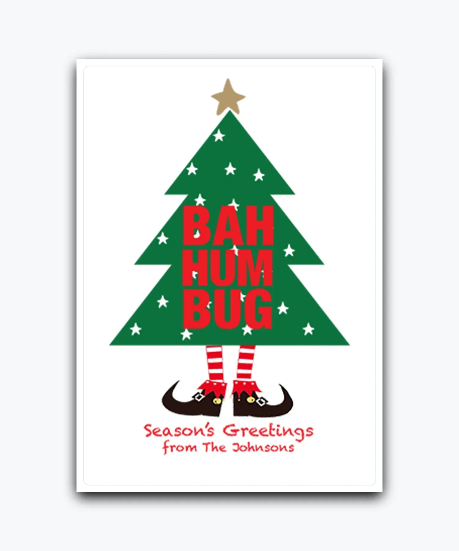 Minimal Christmas card (red)—Bah Humbug Santa legs personalised Christmas card – cheeky festive humour