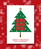Personalised Xmas card (red)—Custom funny Christmas card with Bah Humbug slogan – add name and message