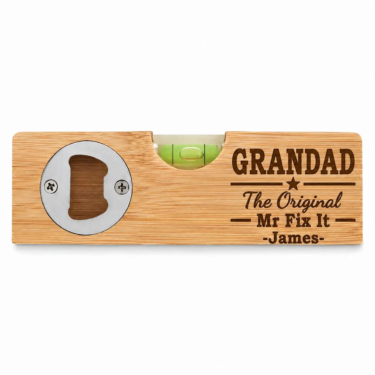 Personalised Grandad Mr Fix It bamboo spirit level and bottle opener with custom name