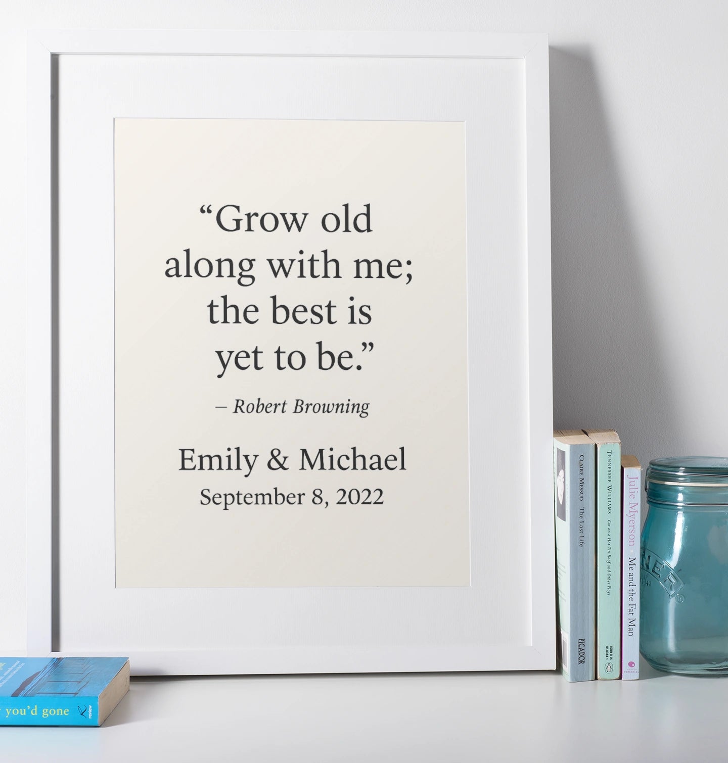 Custom minimalist quote wall art featuring couple’s names and special date.
