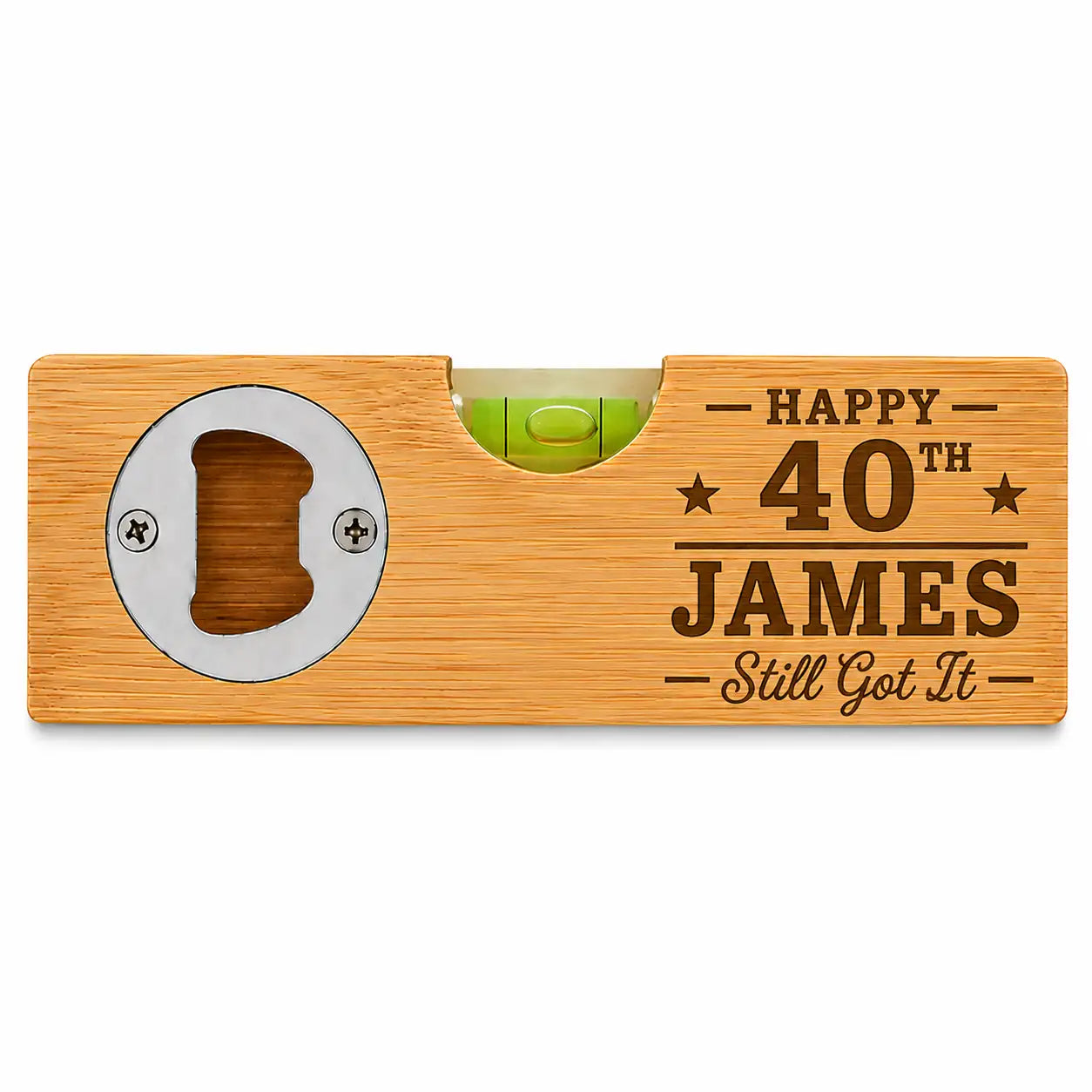 Personalised 40th birthday bamboo spirit level and bottle opener with custom name