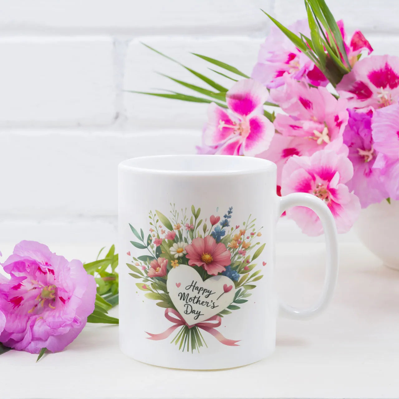 Happy Mothers Day heart bouquet floral mug with custom photo and message printed on reverse