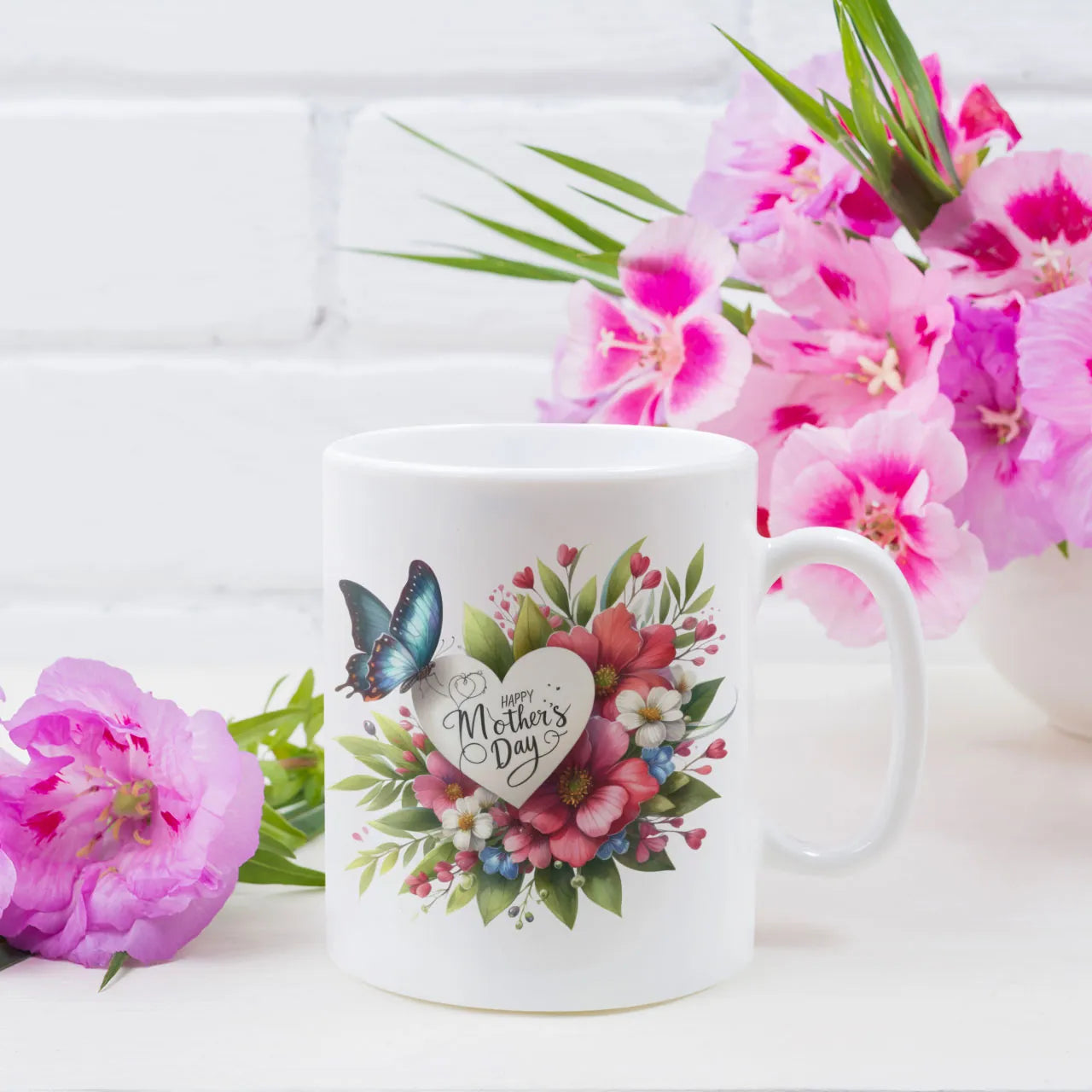 Happy Mothers Day butterfly floral mug with custom photo and message printed on reverse
