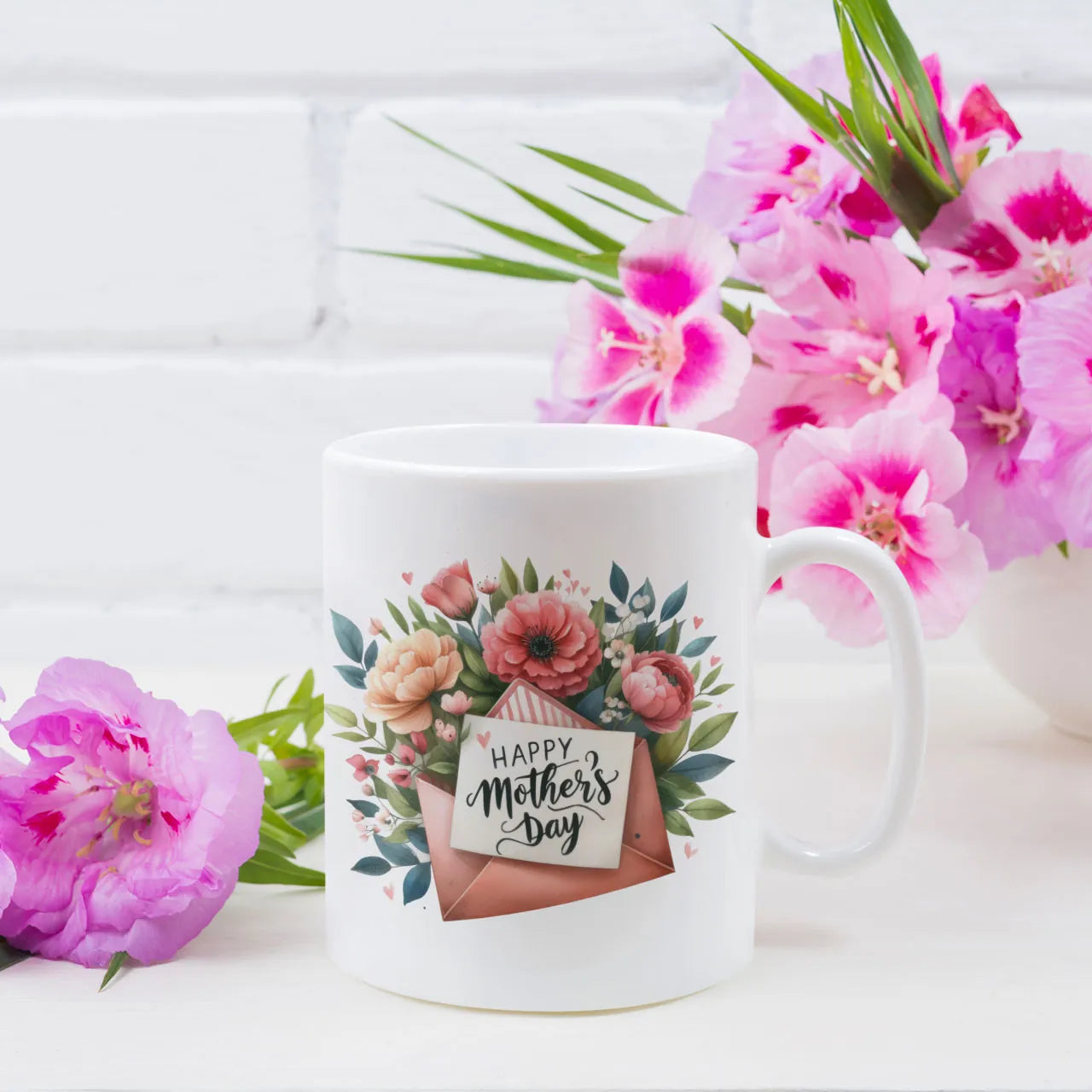 Happy Mothers Day card and envelope floral mug with custom photo and message printed on reverse