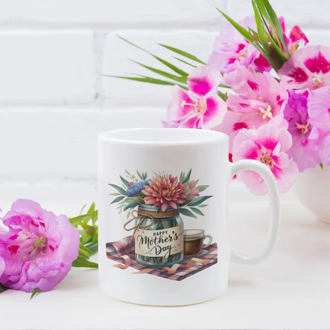 Happy Mothers Day jar floral mug with custom photo and message printed on reverse