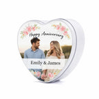 Personalised heart photo tin gift with couple image, custom anniversary keepsake, romantic personalised gift idea UK
