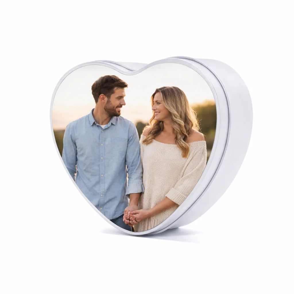 Personalised heart shaped photo tin with couple holding hands, custom anniversary gift, meaningful personalised keepsake
