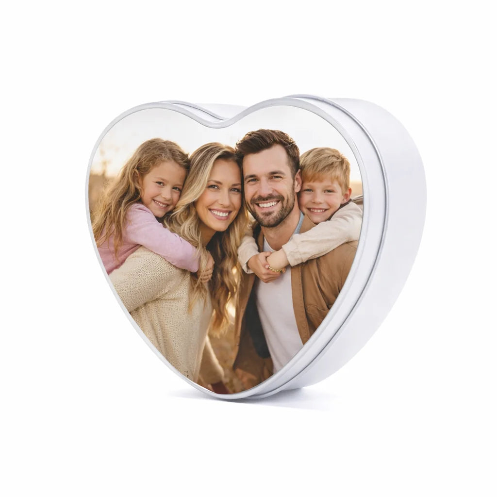 Personalised heart photo tin with family picture, custom family keepsake gift, personalised gift for loved ones UK
