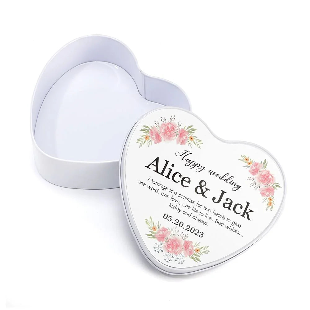 Personalised heart shaped photo tin open view, custom keepsake tin for wedding, anniversary and personalised gifts