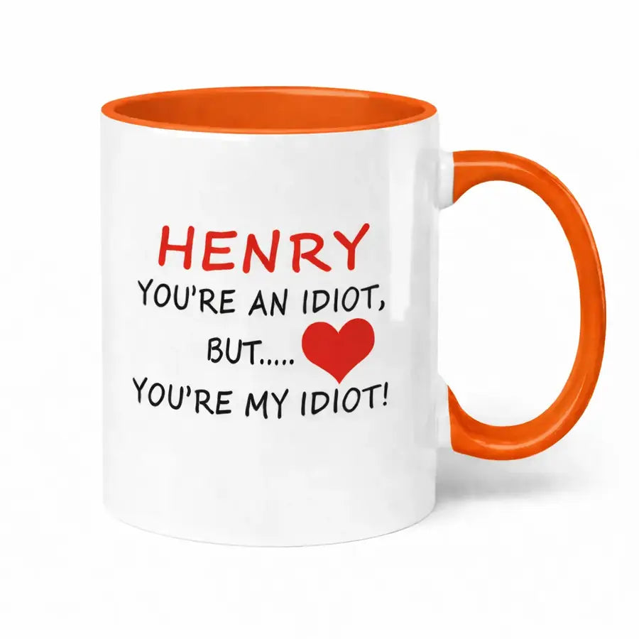 Personalised Henry orange handle mug funny romantic gift for him – custom name coffee mug UK