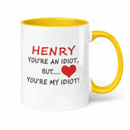 Personalised Henry yellow handle mug cute romantic gift for boyfriend – custom name coffee cup UK