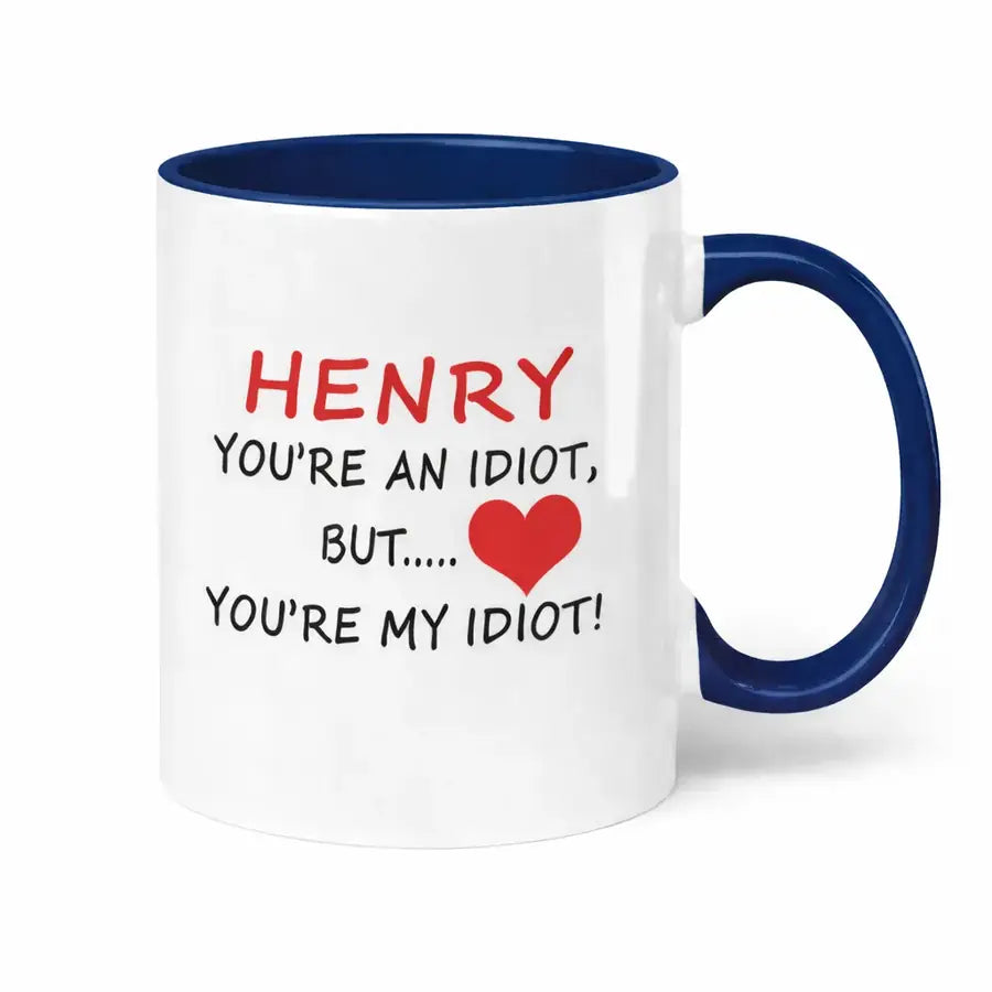 Personalised Henry dark blue handle mug funny Valentine gift for him – custom name mug UK