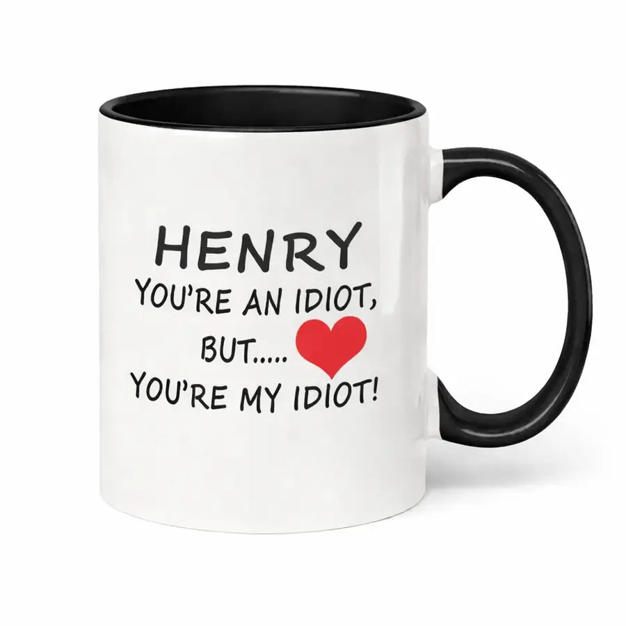 Personalised Henry black handle mug funny husband gift – custom romantic name mug UK