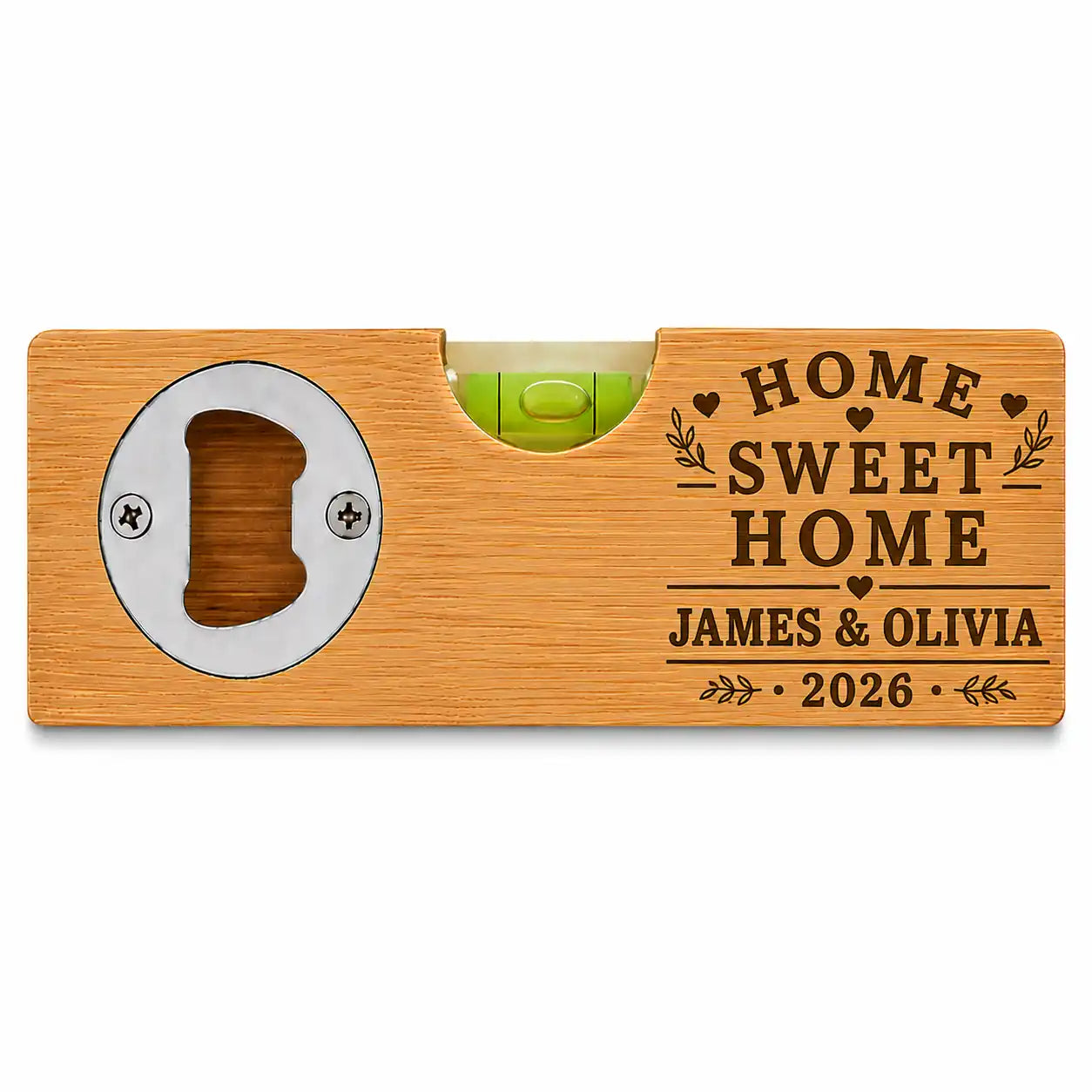 Personalised new home bamboo spirit level and bottle opener with couple names and year