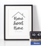 Personalised home sweet home family wall art print in white frame mockup, modern minimalist housewarming gift idea for UK homes – custom name and photo wall décor