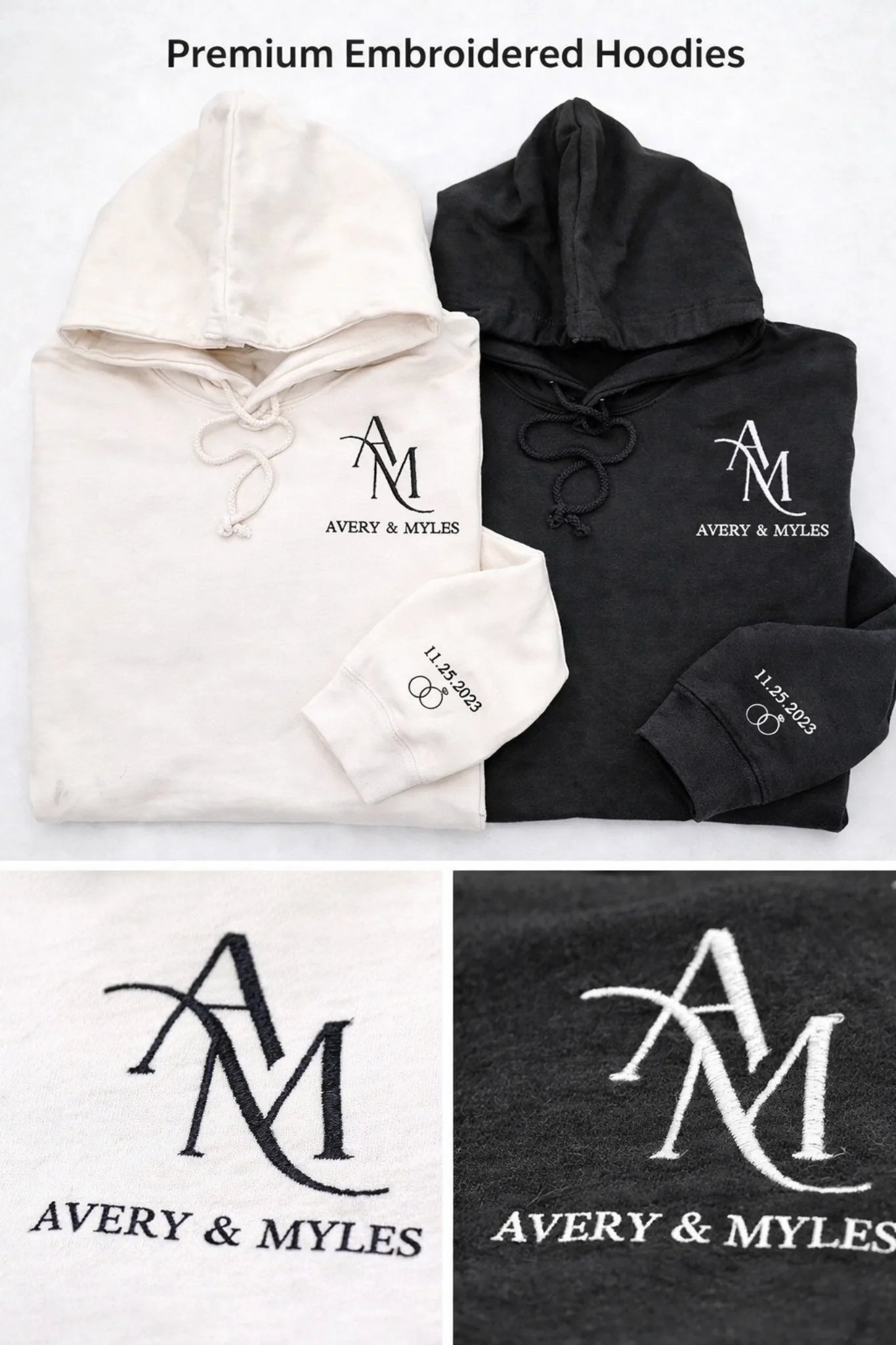 Custom embroidered couple hoodie featuring monogram initials and personalised anniversary date