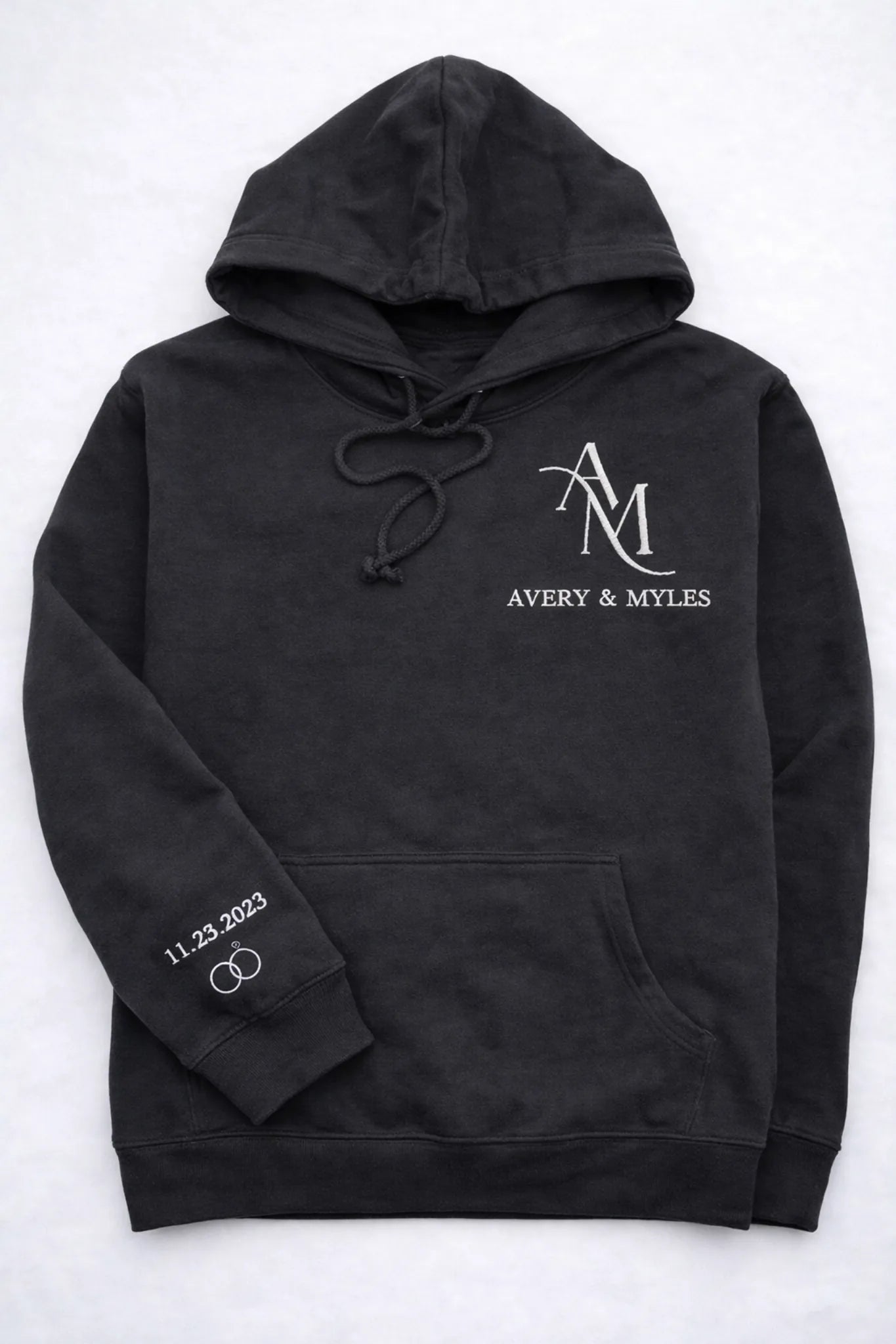 Personalised embroidered initials hoodie with custom names and date sleeve detail, romantic couple gift