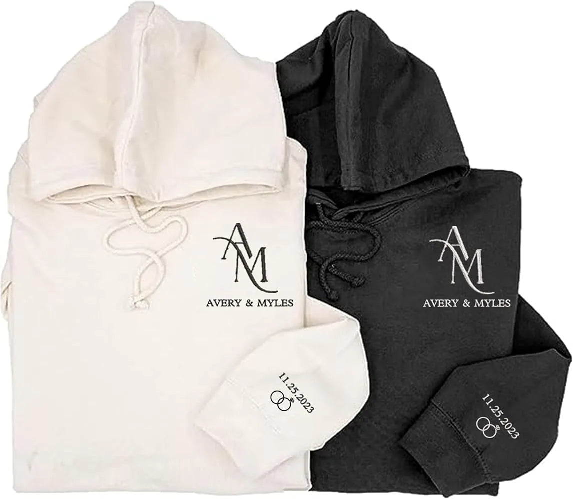 Minimal personalised embroidered hoodie for couples with custom initials and special date