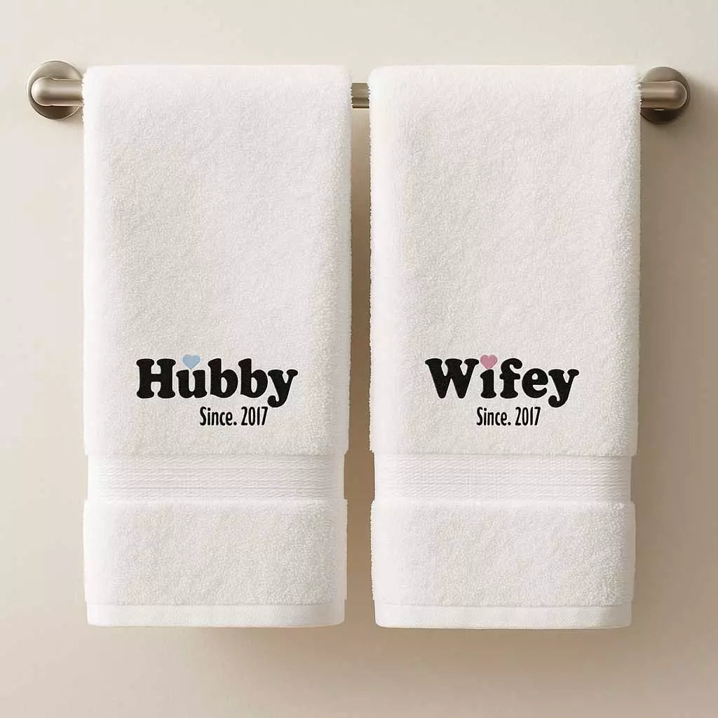 personalised hubby and wifey towels showing embroidered since year
