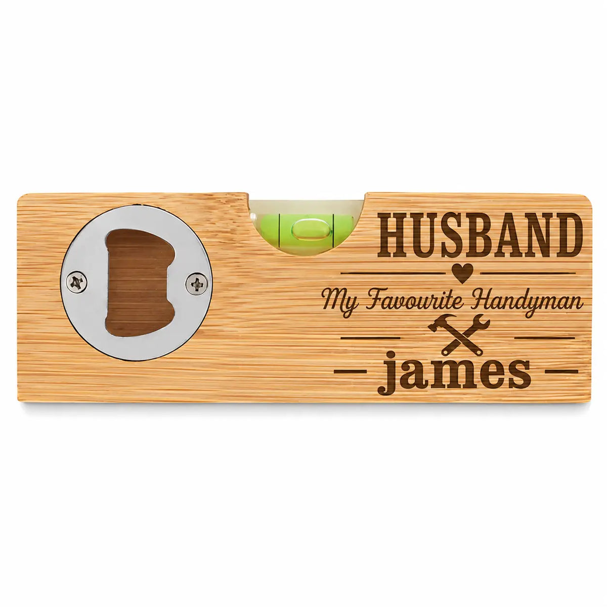 Personalised husband bamboo spirit level and bottle opener handyman gift