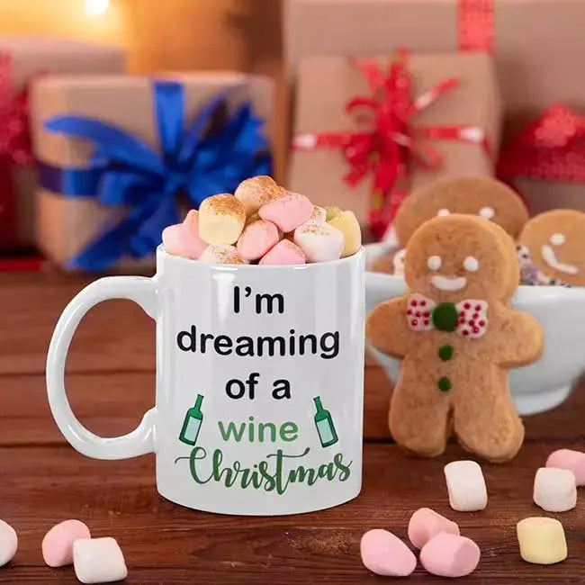 I'm Dreaming of a Wine Christmas funny ceramic mug featuring a festive wine-themed slogan.