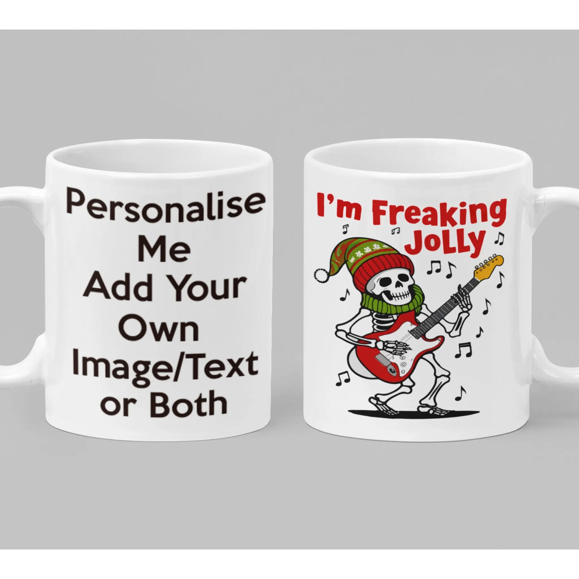 Funny personalised Christmas mug with rocking skeleton and “I’m Freaking Jolly” design