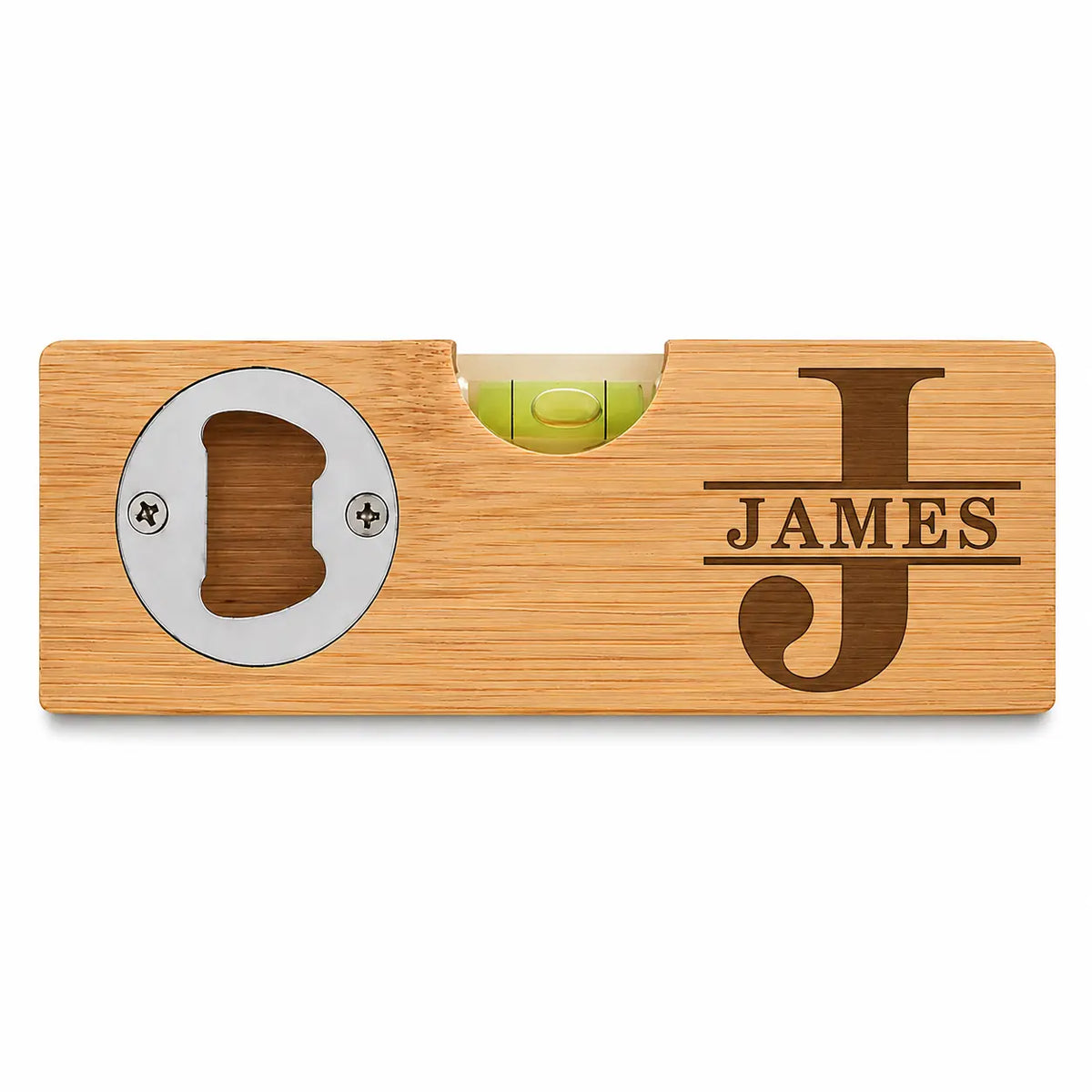 Personalised initial and name bamboo spirit level bottle opener gift