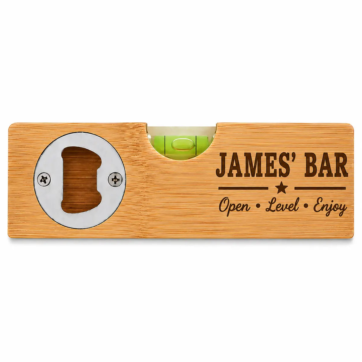Personalised home bar bamboo bottle opener and spirit level gift